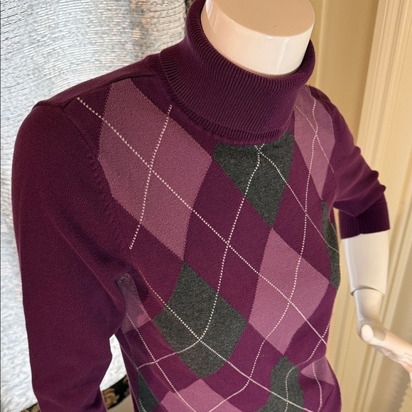 Reitmans Argyle Sweater Cotton Blend Purple Turtleneck 3/4 Sleeves Women’s Sz M - Picture 5 of 13